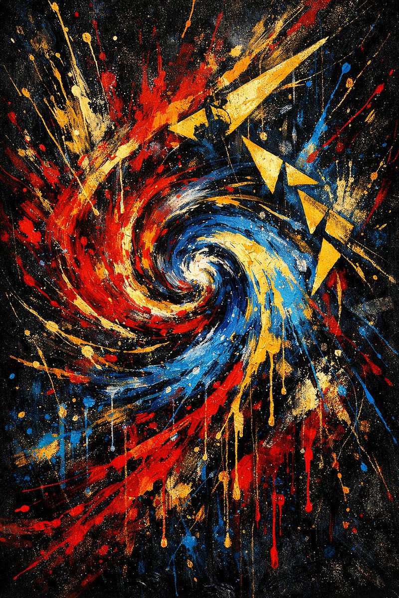 创作一幅视觉震撼的抽象艺术作品，融合 Jackson Pollock（杰克逊·波洛克）滴画技法的爆裂能量与 Wassily Kandinsky（瓦西里·康定斯基）通感动态表现主义…