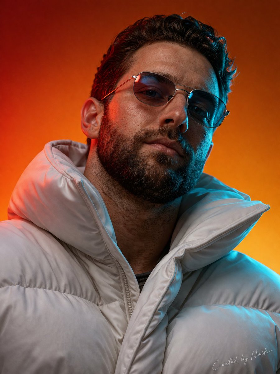 创作一张超写实电影感男性肖像，采用略低于视线的仰视角度拍摄，人物神情自信而富有力量感。使用上传的肖像照片生成他的面部。构图采用紧凑的上半身肖像，头部微微上扬，凸显下颌线与胡须结构…