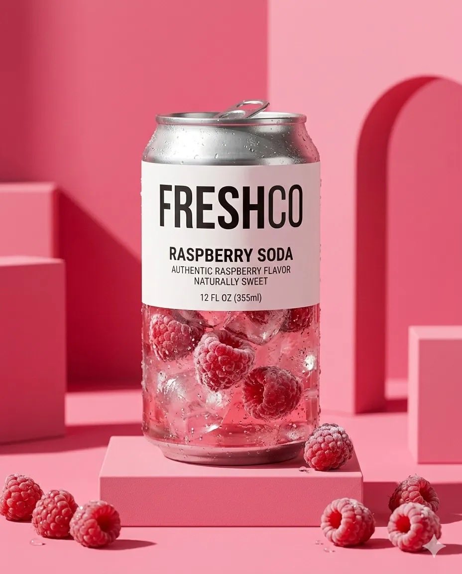 极简产品摄影：透明苏打罐，标签为“FRESHCO Raspberry Soda”（FRESHCO 覆盆子苏打），罐内装有气泡液体、冰块和新鲜覆盆子，罐体表面有凝结水珠，放置在粉色…