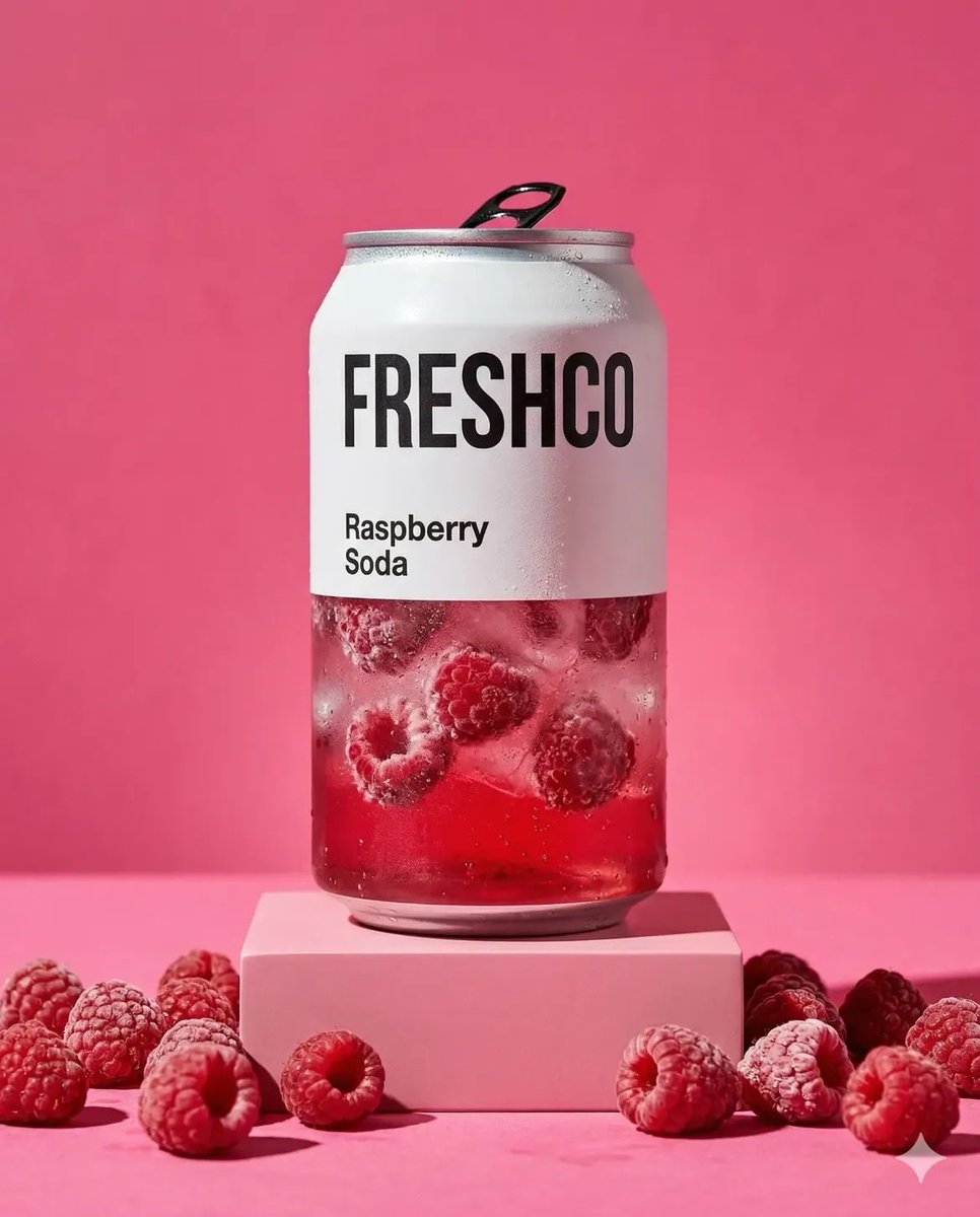 极简产品摄影：透明苏打罐，标签为“FRESHCO Raspberry Soda”（FRESHCO 覆盆子苏打），罐内装有气泡液体、冰块和新鲜覆盆子，罐体表面有凝结水珠，放置在粉色…