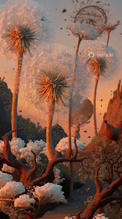 创作一幅令人惊叹的忧郁复古植物图鉴风格景观,以手绘科学般的精确度呈现,其中包含巨大的齿轮蒲公英在如镜的沙漠沙丘上撒播铜色种子、化作石化的鲸鱼骨骼作为桥梁横跨液…