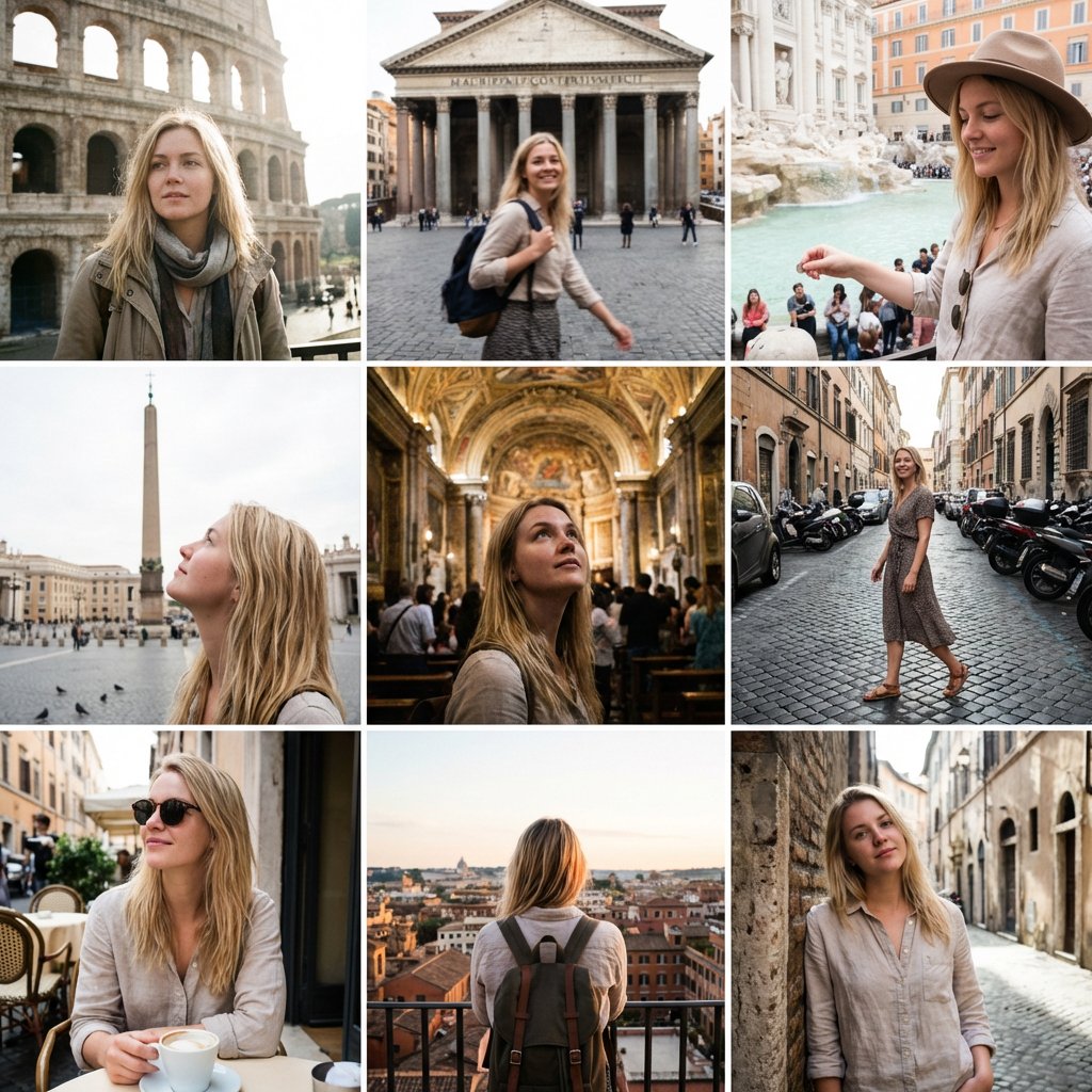 { "Objective": "Create a 3x3 Instagram-style grid of low-quality smartphone pho…