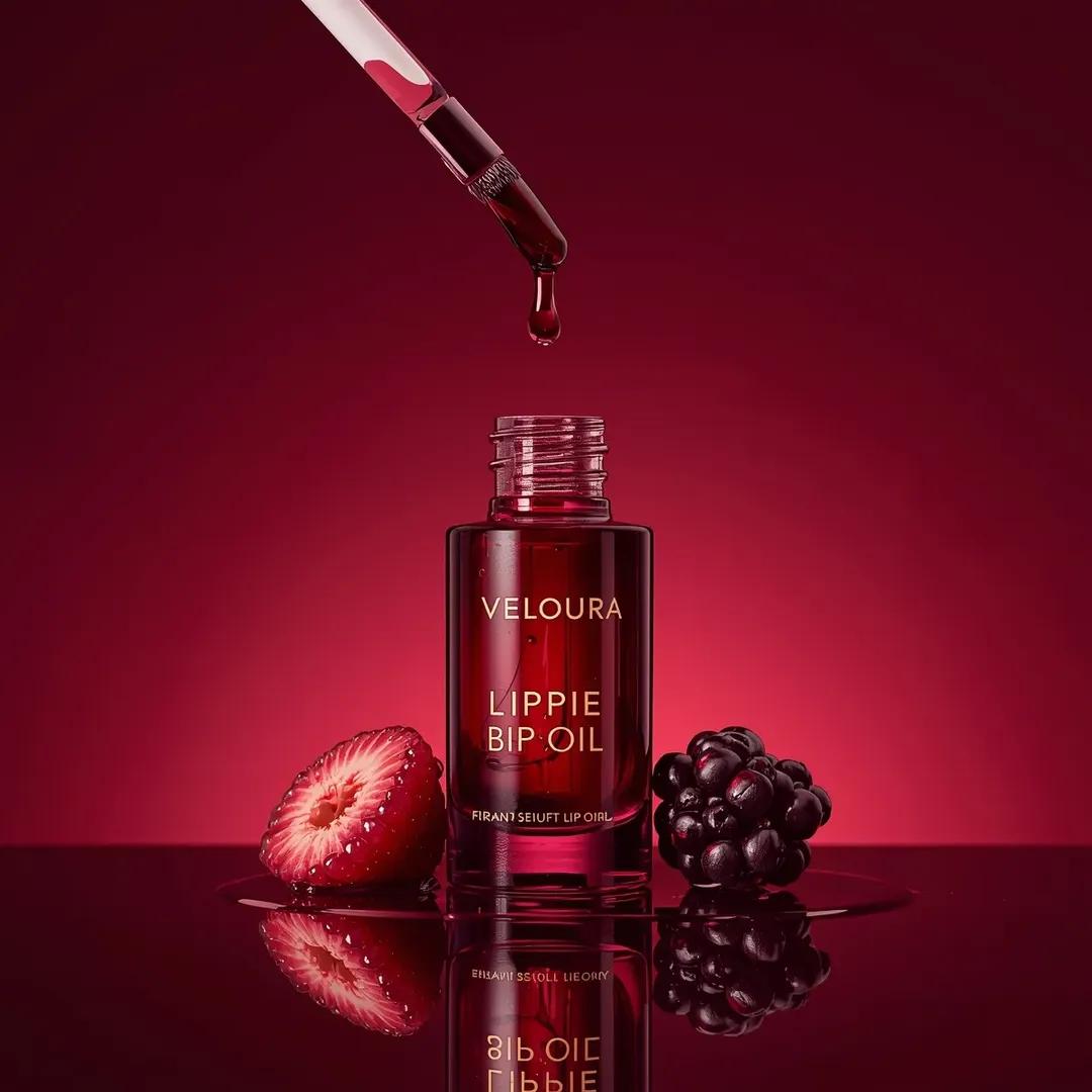 高端商业美妆产品摄影：一个(唇油瓶)，标签为“(Veloura Lippie Bestie Lip Oil)”，略微偏离中心放置在丰富的(深莓果红色渐变背景)前，呈现出光泽高级的…