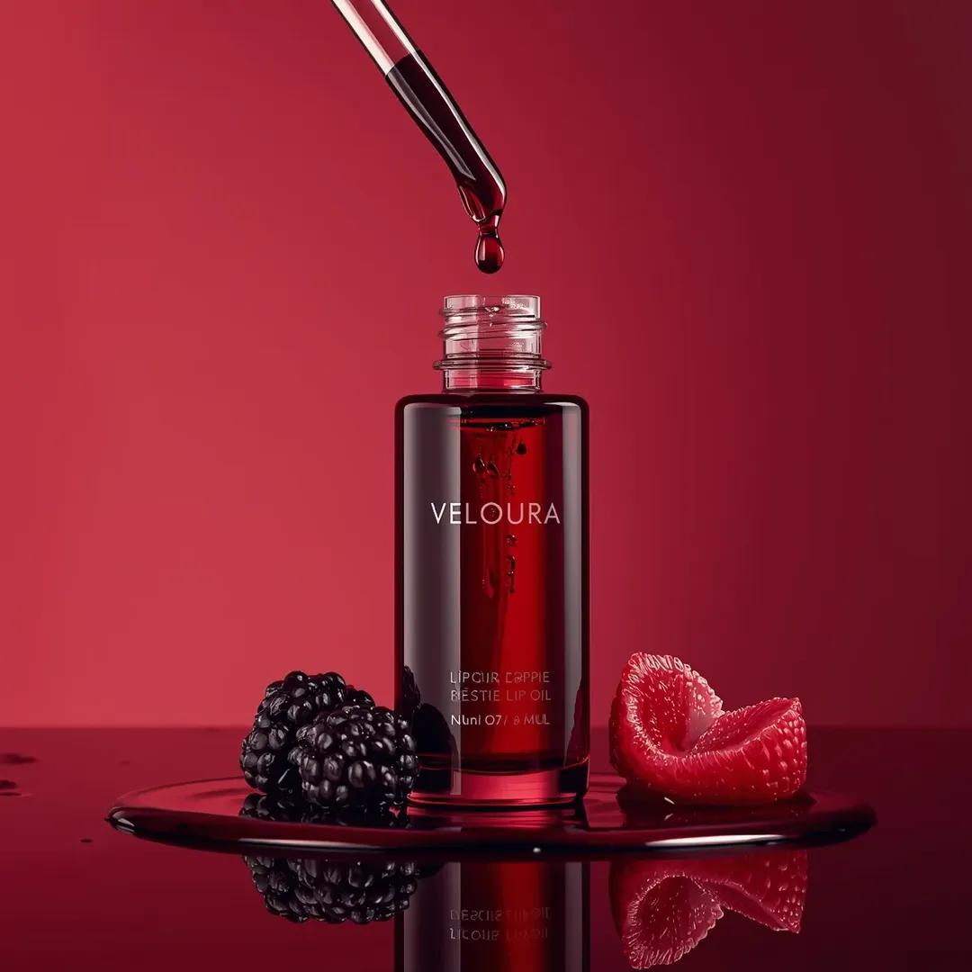 高端商业美妆产品摄影：一个(唇油瓶)，标签为“(Veloura Lippie Bestie Lip Oil)”，略微偏离中心放置在丰富的(深莓果红色渐变背景)前，呈现出光泽高级的…