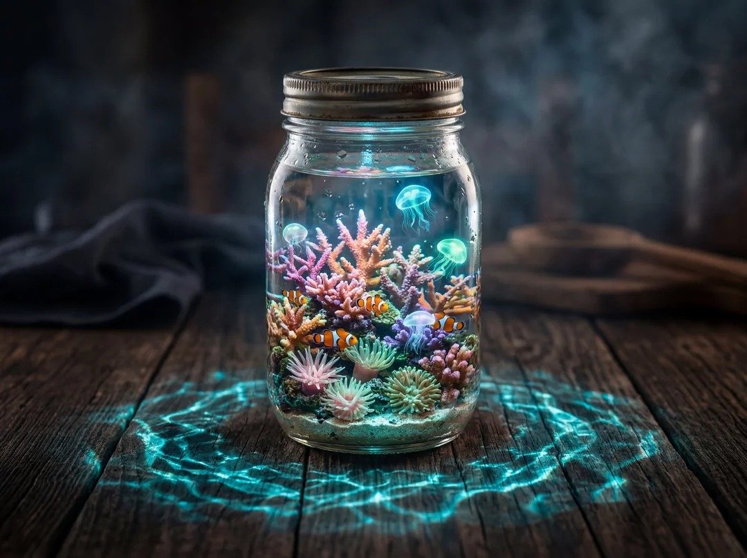 一个透明的玻璃[CONTAINER]摆放在深色木质桌面上，[CONTAINER]内部是一个完整的微型[ECOSYSTEM]，包含[KEY VISUAL ELEMENT]和[SEC…