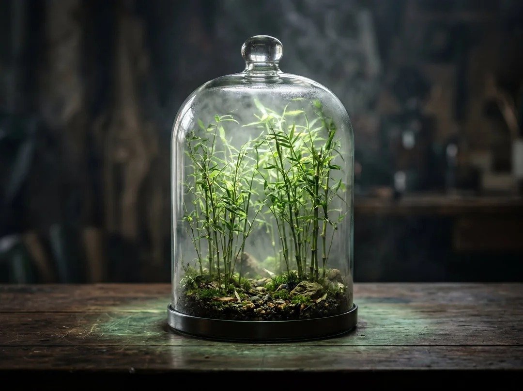 一个透明的玻璃[CONTAINER]摆放在深色木质桌面上，[CONTAINER]内部是一个完整的微型[ECOSYSTEM]，包含[KEY VISUAL ELEMENT]和[SEC…