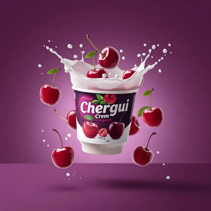 - 高端商业产品摄影：一个（酸奶杯），标签为“（Chergui Crème Cherry Yogurt）”，在半空中拍摄，杯子略微倾斜，（铝箔盖部分撕开）露出内部奶油质地。杯子采…