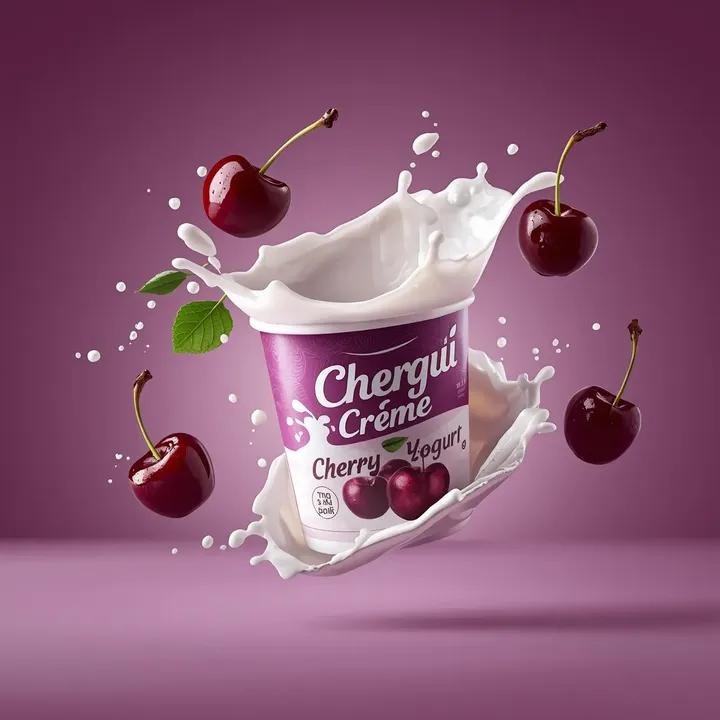 - 高端商业产品摄影：一个（酸奶杯），标签为“（Chergui Crème Cherry Yogurt）”，在半空中拍摄，杯子略微倾斜，（铝箔盖部分撕开）露出内部奶油质地。杯子采…