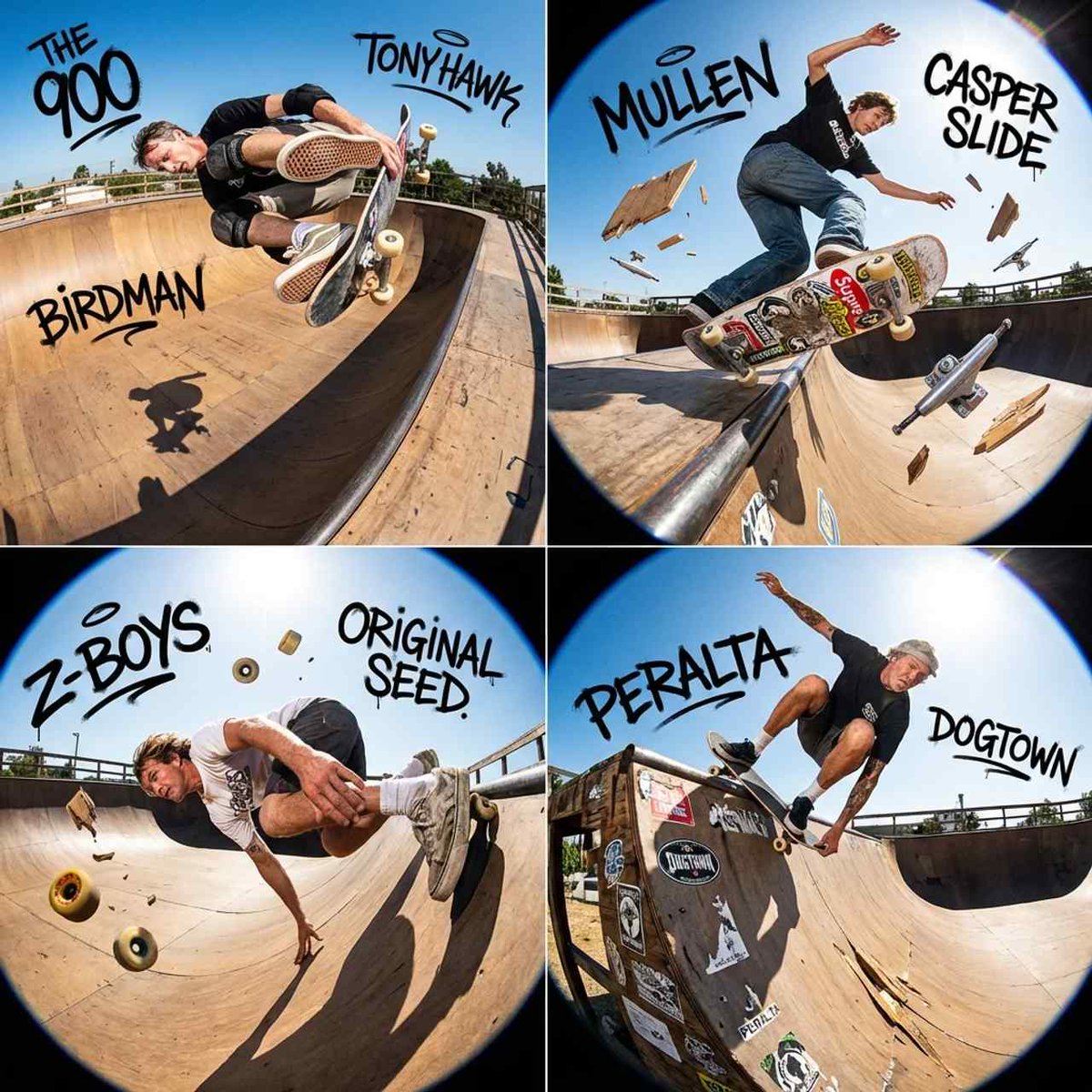 `2x2 网格，为此绘制 4 位传奇滑板运动员（例如 Tony Hawk、Rodney Mullen、Jay Adams）` <instructions> i…