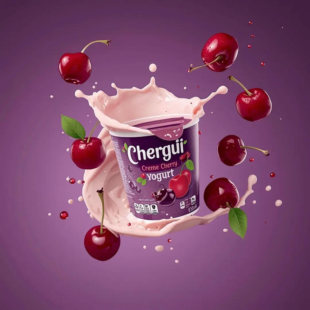 高端商业产品摄影，拍摄一个标有“(Chergui Crème Cherry Yogurt)”（切尔吉奶油樱桃酸奶）的(酸奶杯)，杯子在空中略微倾斜，(铝箔盖部分揭开)露出内部柔滑…