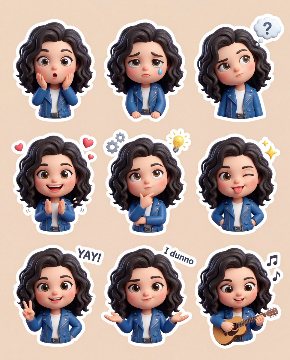 一个可爱的3D Q版（chibi）风格卡通贴纸套装，呈现同一角色在不同情绪和姿势下的样子（请使用上传的面部作为参考）。闪亮且富有表现力的大眼睛；柔软圆润的脸蛋…