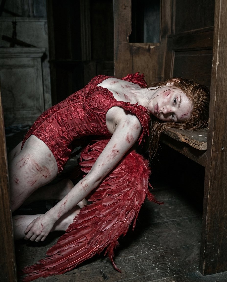 { "style": "dark cinematic, gothic realism, high fashion editorial", "subject"…