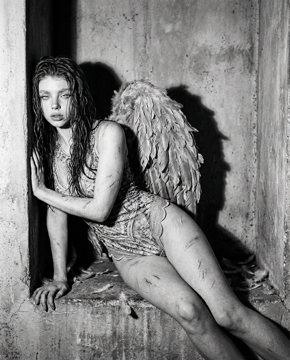 { "style": "dark cinematic, gothic realism, high fashion editorial", "subject": "苍白红发女人瘫倒…