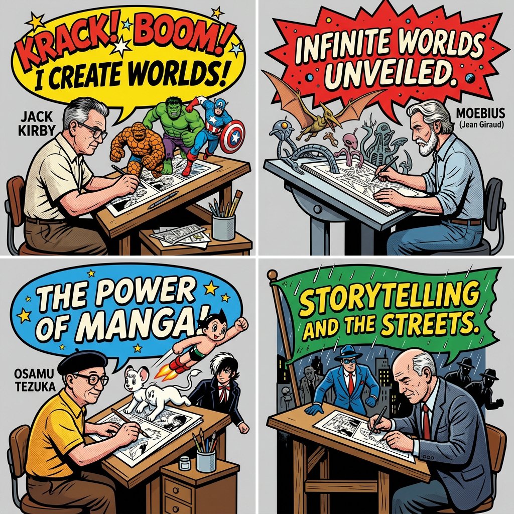 `2x2 grid, do this for 4 Legendary Comic Artists (e.g. Jack Kirby, Stan Lee, Moebius)` <i…