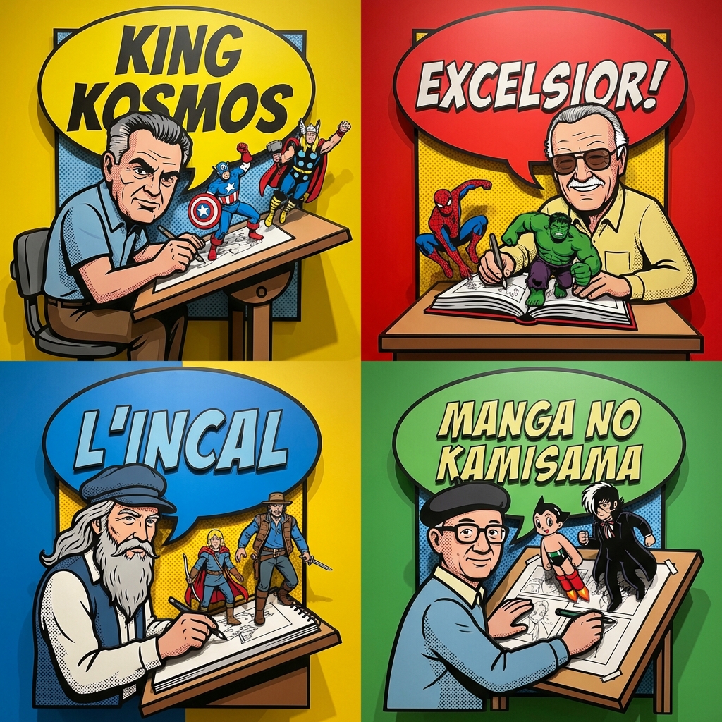 `2x2 grid, do this for 4 Legendary Comic Artists (e.g. Jack Kirby, Stan Lee, Moebius)` <i…