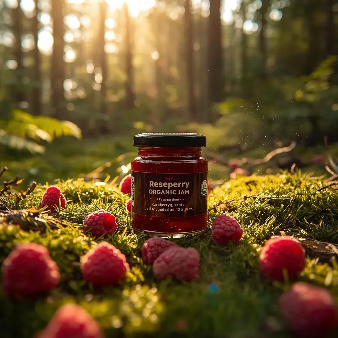 高端商业食品产品摄影:一个(覆盆子果酱玻璃罐),标签为“(Reseperry Organic Jam)”,自然地摆放在郁郁葱葱的(苔藓覆盖的森林地面)上,周围散布着新鲜的(成熟覆…