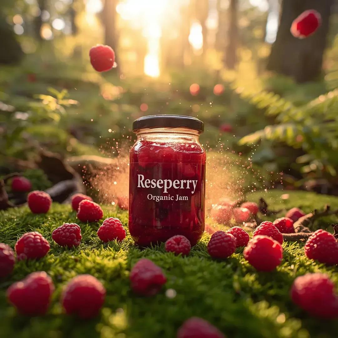 高端商业食品产品摄影:一个(覆盆子果酱玻璃罐),标签为“(Reseperry Organic Jam)”,自然地摆放在郁郁葱葱的(苔藓覆盖的森林地面)上,周围散布着新鲜的(成熟覆…