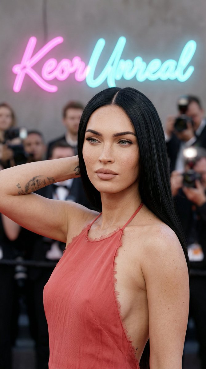 超写实红毯肖像,9:16 长宽比。 Megan Fox,面容精致、气质古典,白皙肌肤在肩膀和面部可见雀斑,长直黑发中分垂落于一侧肩头,自然妆容搭配清晰眉形、淡抹睫毛膏与哑光裸色唇…