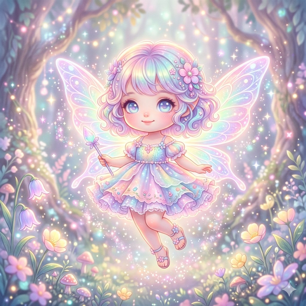 一个迷你的Q版（chibi）仙女女孩，长着发光的翅膀，漂浮在空中，被闪光和小光点环绕，马卡龙彩虹色调，柔和光晕，大大的灵动眼睛，奇幻可爱美学，超精细细节 #AIArtist #A…