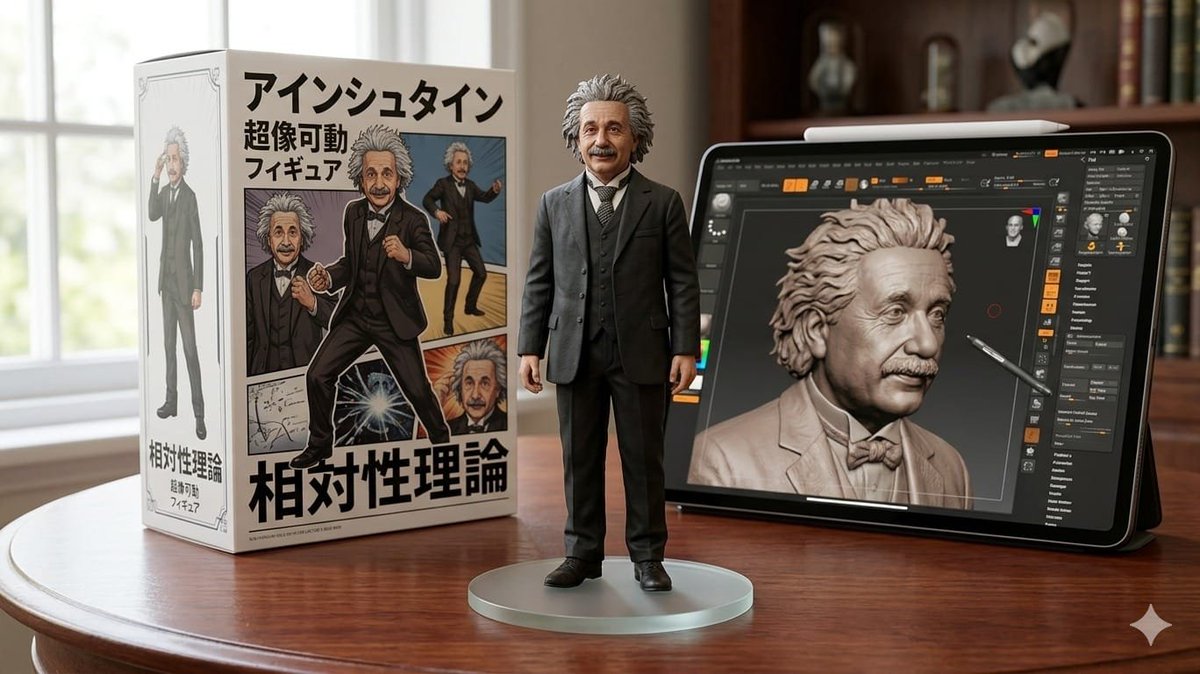 “将上传图片中的人物转化为高细节的 1/6 比例收藏级 3D 手办，采用写实雕刻风格，纹理锐利，面部特征栩栩如生。手办以英雄姿态站立于抛光木质桌面上，由附近窗户透入的自然日光照亮…