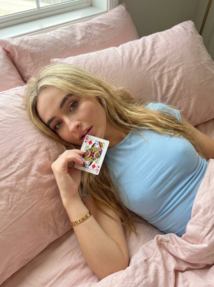 { "image_generation_prompt": { "subject": { "description": "Young woman lying on a bed, U…