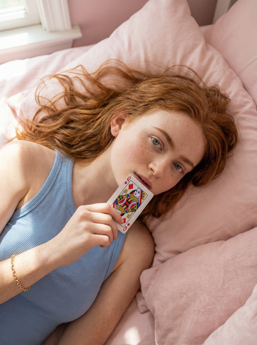 { "image_generation_prompt": { "subject": { "description": "Young woman lying on a bed, U…