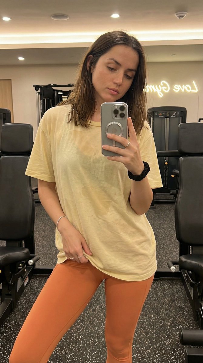 现代健身房内 Madelyn Cline 的写实风格、高度精细的抓拍式智能手机镜面自拍。她拥有运动型、曲线优美且健美的身材，腰部线条分明。她穿着一件薄的、宽松的浅蓝色短袖 T 恤…
