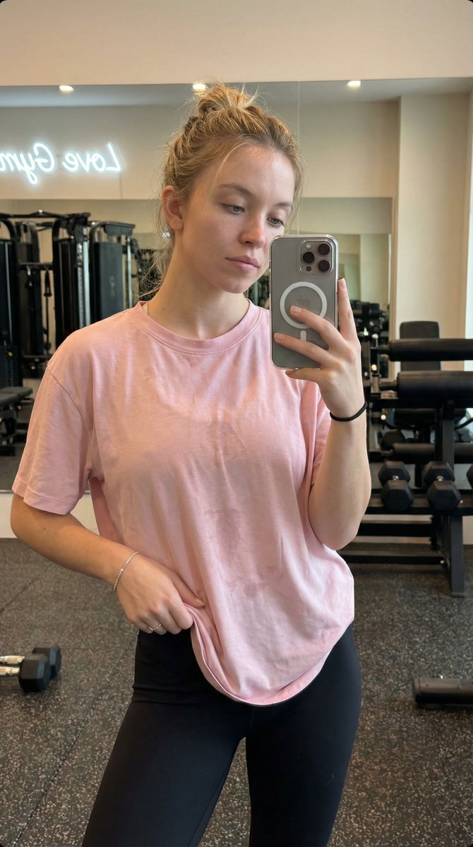 现代健身房内 Madelyn Cline 的写实风格、高度精细的抓拍式智能手机镜面自拍。她拥有运动型、曲线优美且健美的身材，腰部线条分明。她穿着一件薄的、宽松的浅蓝色短袖 T 恤…