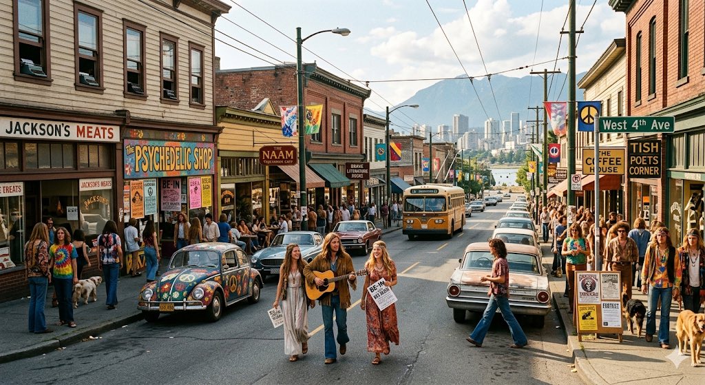 生成一张图片，展现1967年"爱之夏"（Summer of Love）期间西四大道（West 4th Avenue）可能的样子 https://t.co/8jfVDSkC5T >…