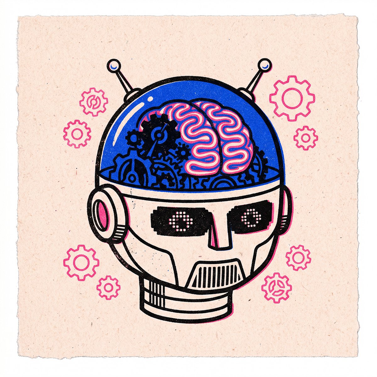 一幅位于中心的单幅插画，主体为[一个角色或生物，例如战士形象、神话野兽或优雅人物]。风格为极简主义 Risograph 孔版印刷/丝网印刷，带有粗黑墨线，纯色块区域具有清晰颗粒纹…