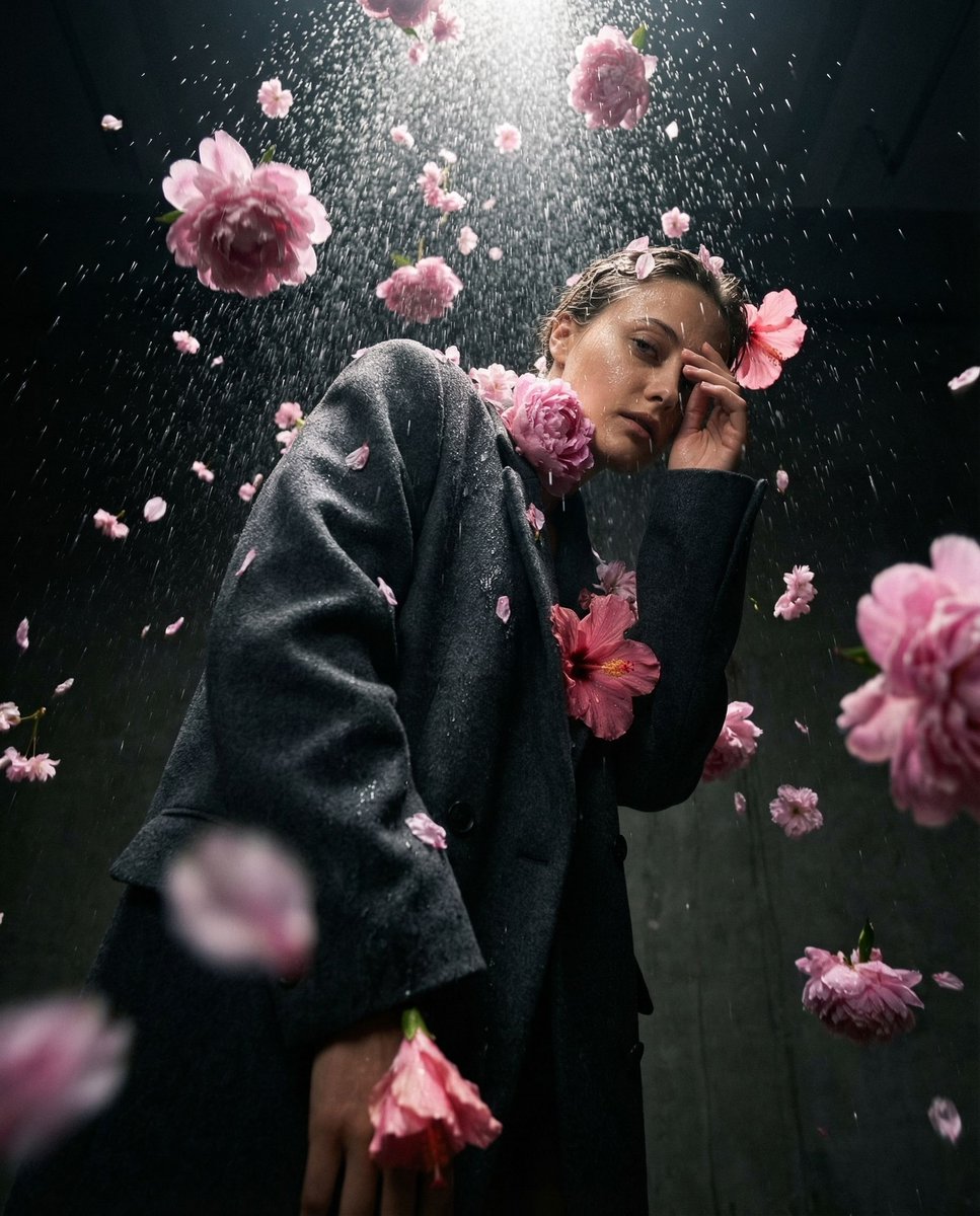 { "vibe_title_en": "Floral Gravity", "master_prompt": "A hyper-realistic, surreal editori…