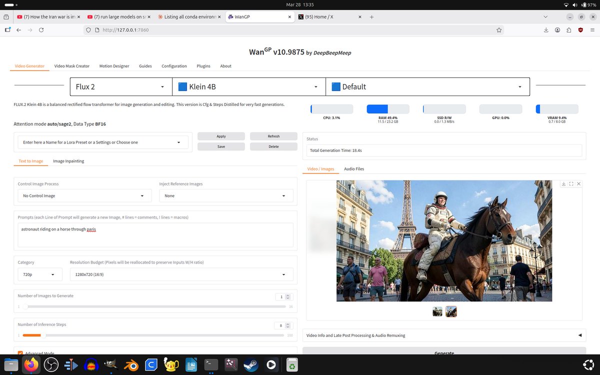 “宇航员骑马穿过巴黎” 硬件配置：Lenovo Legion 5 | 第 13 代 Intel® Core™ i7-13650HX x 20 | 24GB 内存 | RTX 50…
