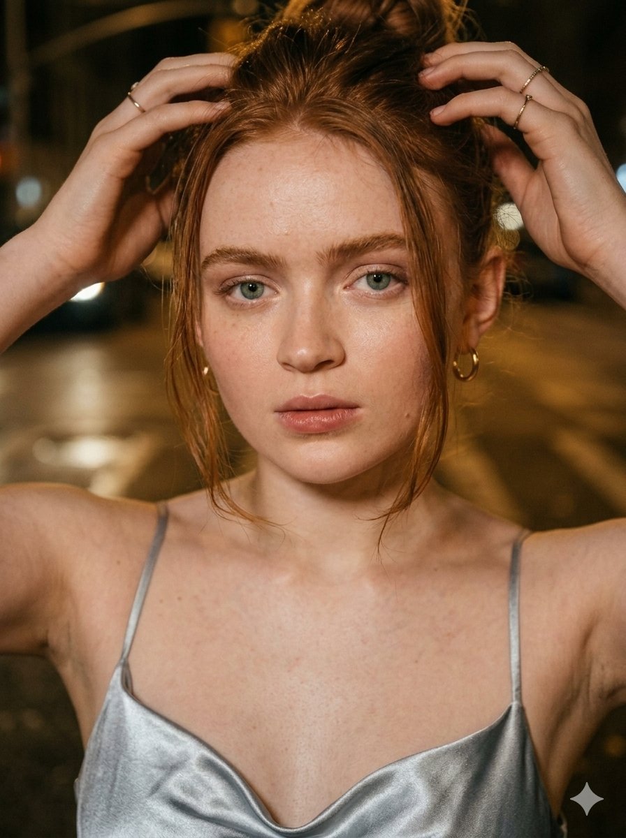 { "image_prompt": { "subject": { "appearance": "年轻女性,形似 Sadie Sink,皮肤白皙,淡淡的雀斑,醒目的浅蓝色眼睛。"…
