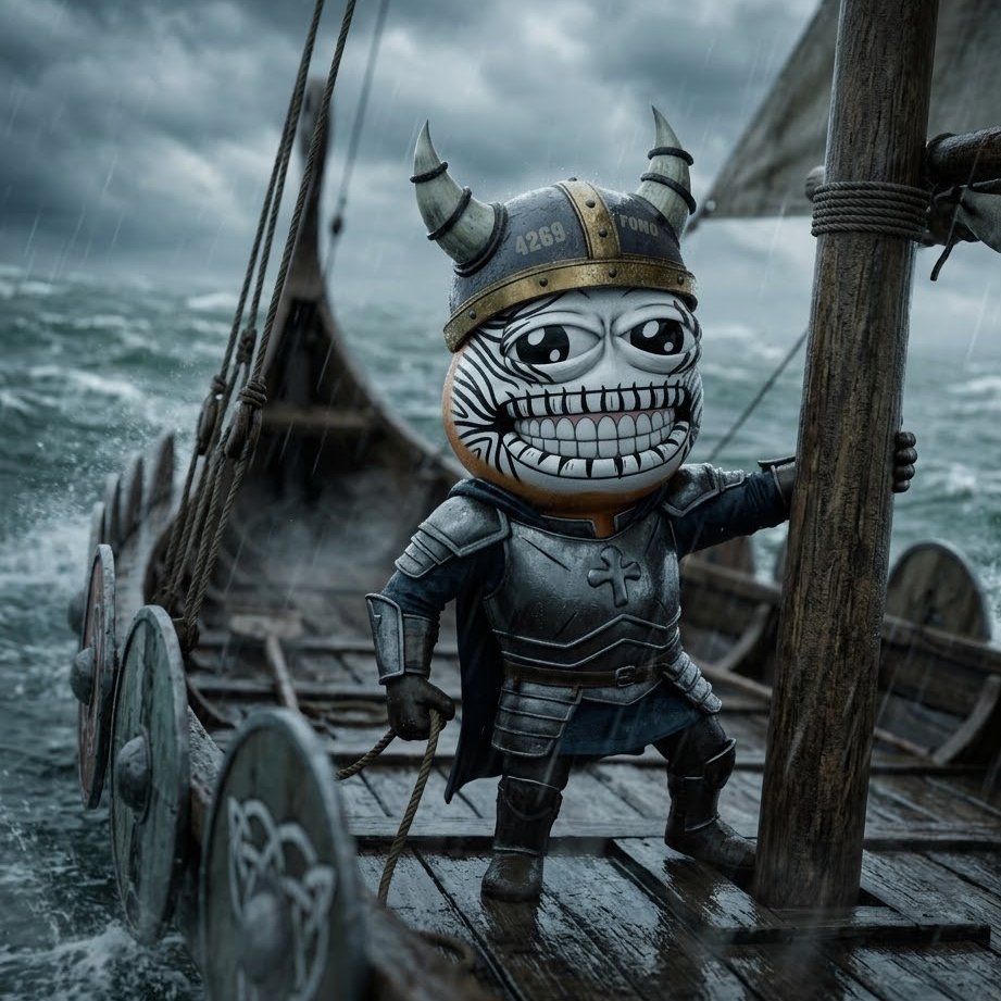 GM ☀️ 致 FROGEHALLA AI 提示词(AI PROMPT) 创建一个角色镜头,将他重新构想于维京人(Vikings)的宇宙之中。他正站在自己的维京船上航行,一手握着…