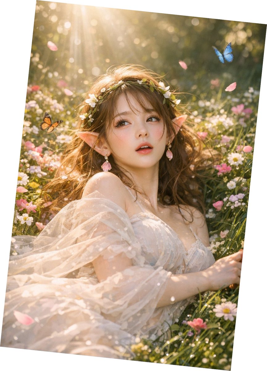 躺在春天花丛中的惊醒的精灵少女,全身 ,灵动娇俏,眼眸微睁,睫毛颤动,尖耳剔透,肌肤莹白,发丝轻扬,薄纱长裙,藤蔓发饰,花瓣耳坠,轻纱披肩,春日繁花,露珠青草,蝴蝶翩飞,花瓣飘落…