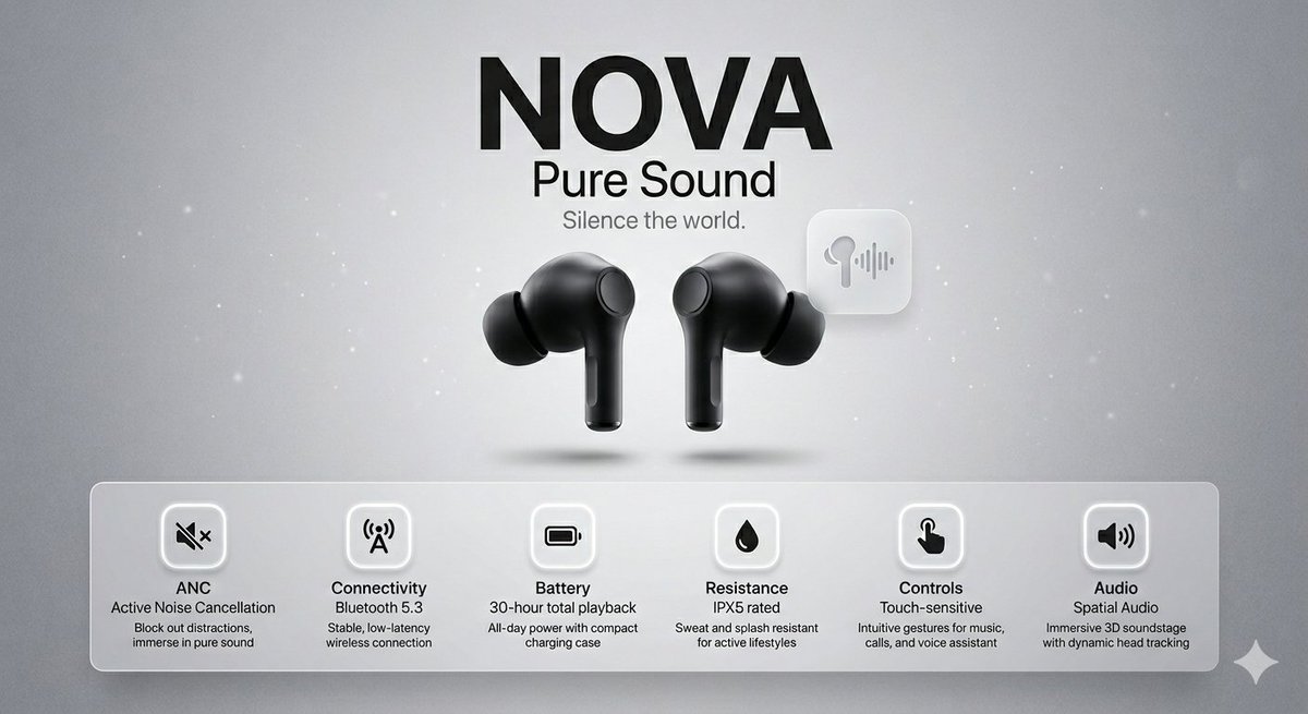 { "prompt": { "brand": "<b>NOVA</b>", "title": "纯净之声", "tagline": "让世界安静下来。", "visual_sty…