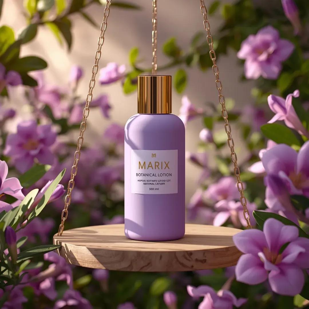 高端商业美妆产品摄影：一个（化妆品瓶），标签为“（Marix Botanical Lotion）”，直立放置于一个由优雅的（金色链条）悬挂的（木质圆形平台）上，置于茂密的（花园花…