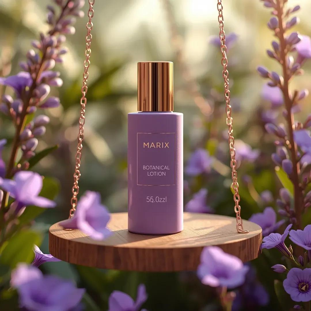 高端商业美妆产品摄影：一个（化妆品瓶），标签为“（Marix Botanical Lotion）”，直立放置于一个由优雅的（金色链条）悬挂的（木质圆形平台）上，置于茂密的（花园花…