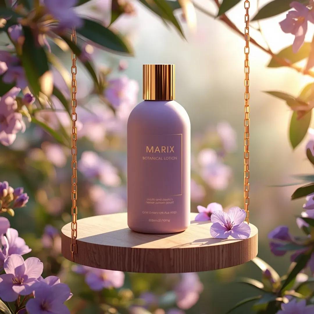 高端商业美妆产品摄影：一个（化妆品瓶），标签为“（Marix Botanical Lotion）”，直立放置于一个由优雅的（金色链条）悬挂的（木质圆形平台）上，置于茂密的（花园花…