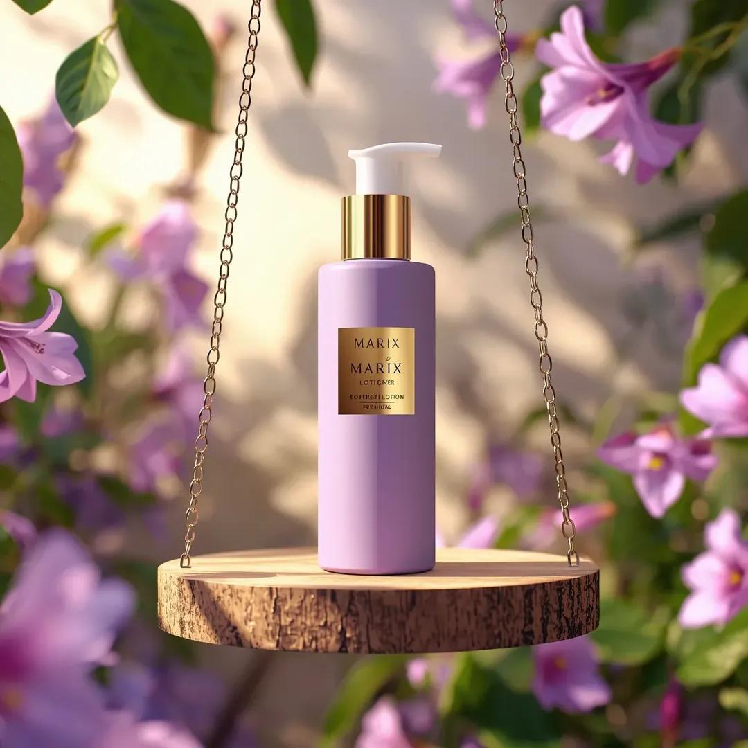 高端商业美妆产品摄影：一个（化妆品瓶），标签为“（Marix Botanical Lotion）”，直立放置于一个由优雅的（金色链条）悬挂的（木质圆形平台）上，置于茂密的（花园花…