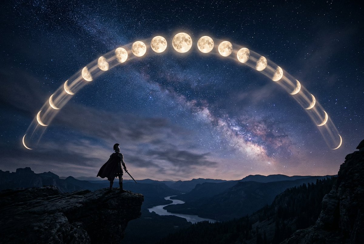 - “一幅超现实的电影感夜空，在一个画面中展现完整的月相周期，多个月亮相位以完美的曲线弧形排列在天空之中，从纤细的新月到满月再到渐隐的残月，每个月相之间以柔和…
