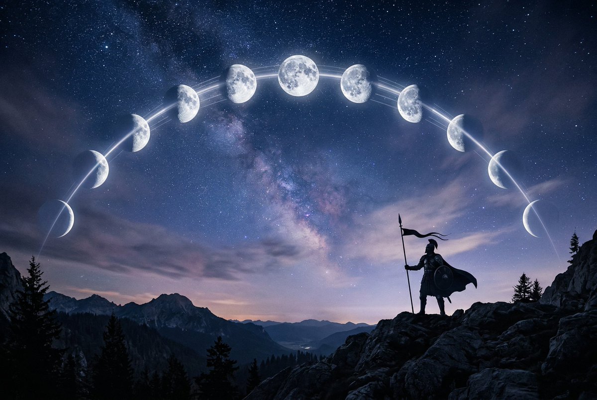 - “一幅超现实的电影感夜空，在一个画面中展现完整的月相周期，多个月亮相位以完美的曲线弧形排列在天空之中，从纤细的新月到满月再到渐隐的残月，每个月相之间以柔和发光的光迹相连，长曝…