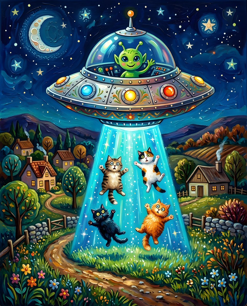 民间艺术风格的绘画：一只可爱的绿色外星人坐在一艘闪闪发亮的铬合金 1950 年代风格飞碟里，飞碟低空悬浮在夜晚的乡村上空，一道发光的蓝色牵引光束从底部倾泻而下，轻轻地将受惊的、毛…