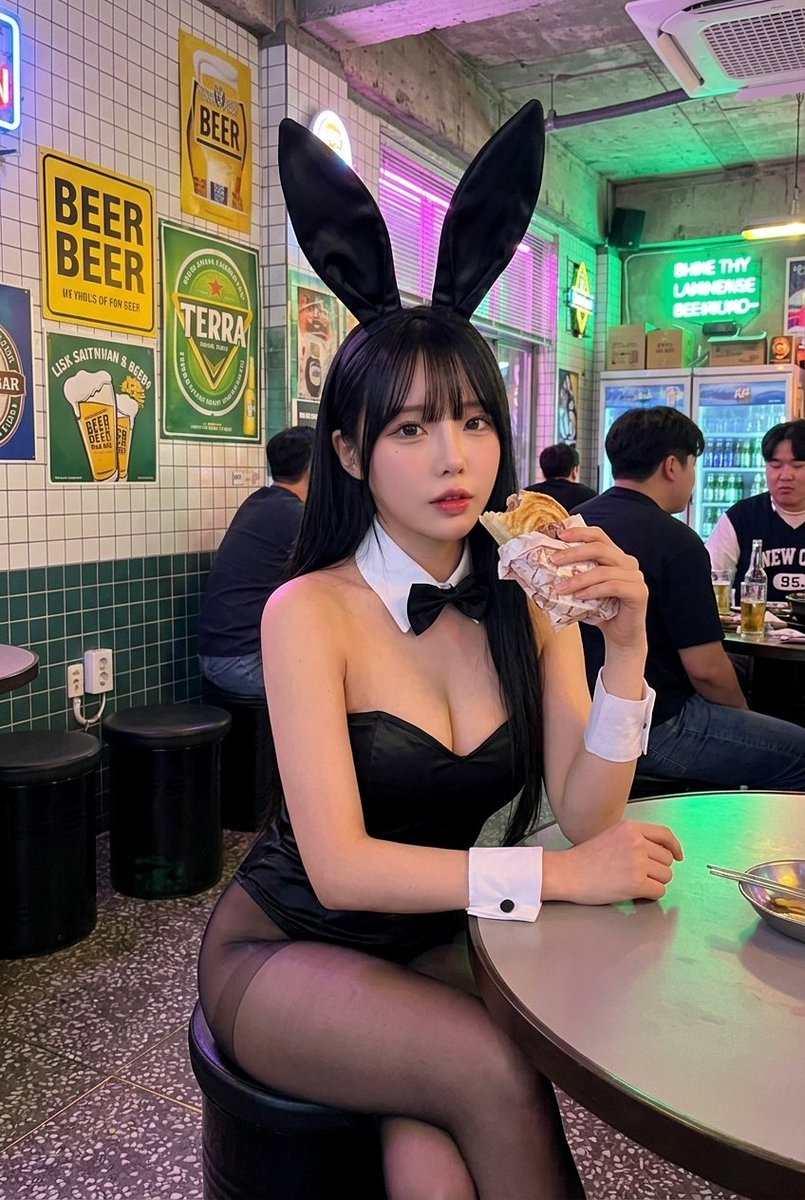 { "subject": { "description": "一位受韩国美妆启发的可爱年轻女性,身穿兔女郎装,坐在霓虹灯酒吧中,将柔和的娃娃般甜美与夜店角色扮…