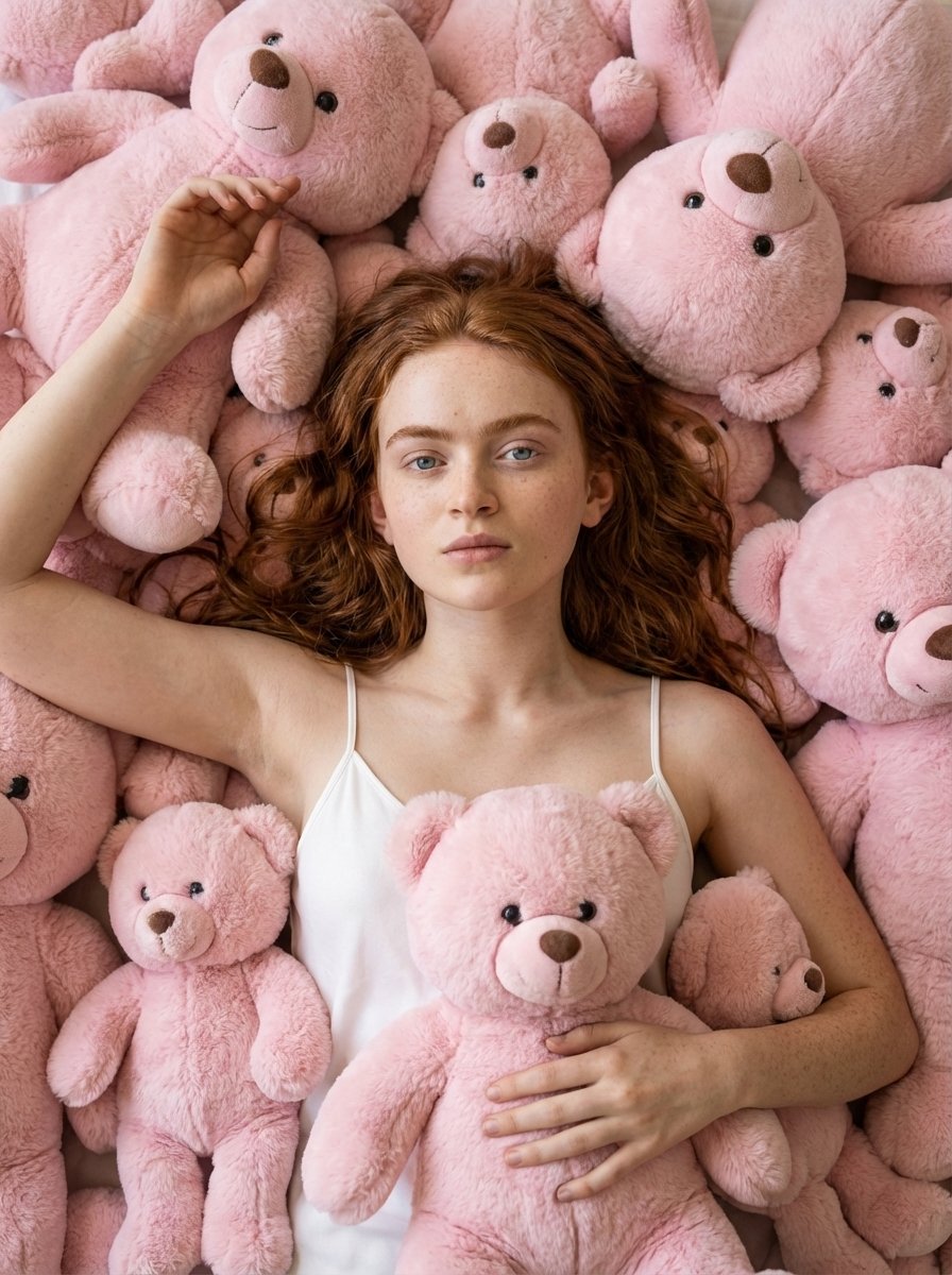 { "image_generation_prompt": { "subject": { "description": "Young woman lying surrounded…