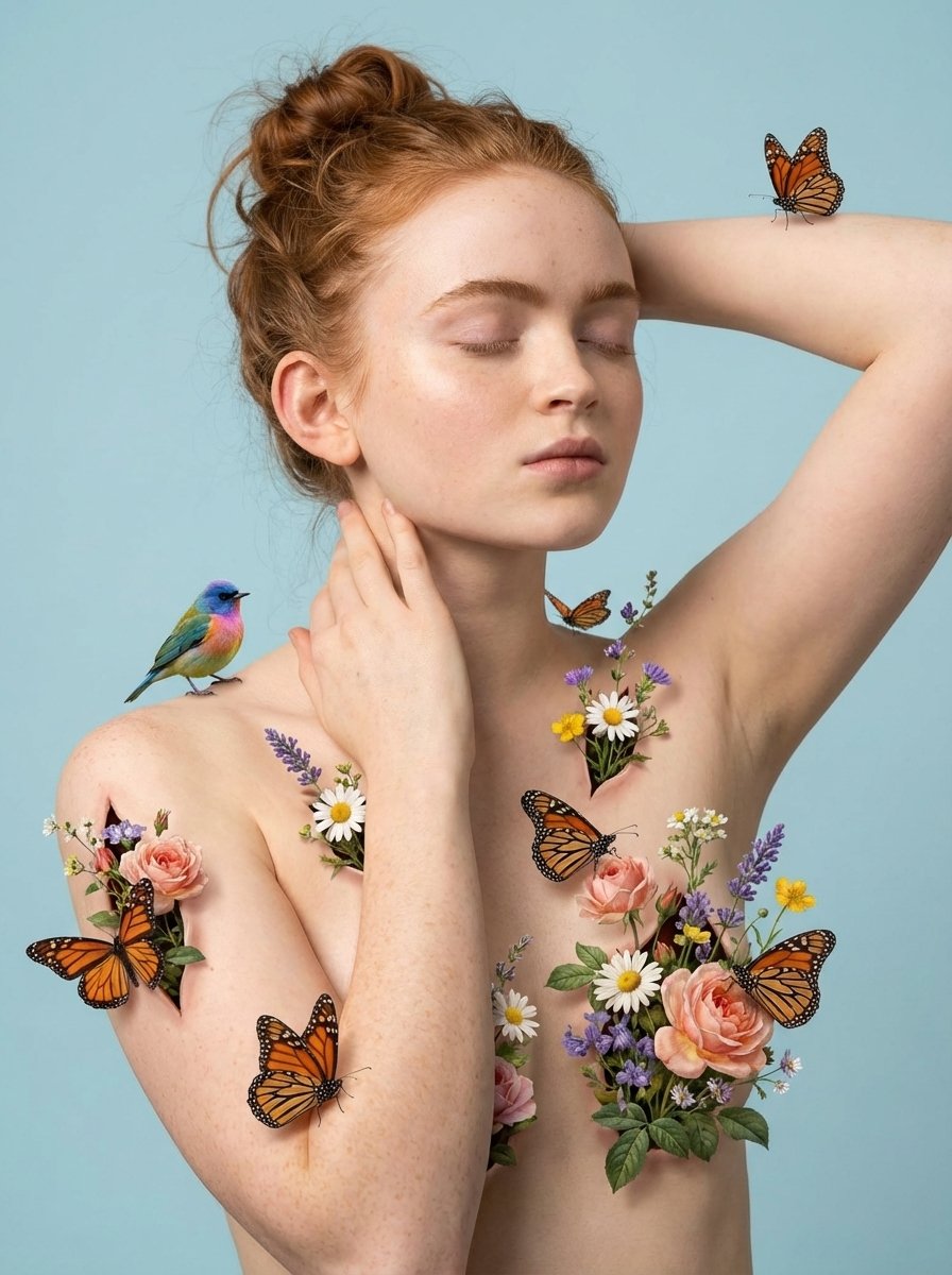 { "image_generation_prompt": { "subject": { "description": "年轻女性肖像,超现实花卉与蝴蝶构图融入身体,使用上传的参考…