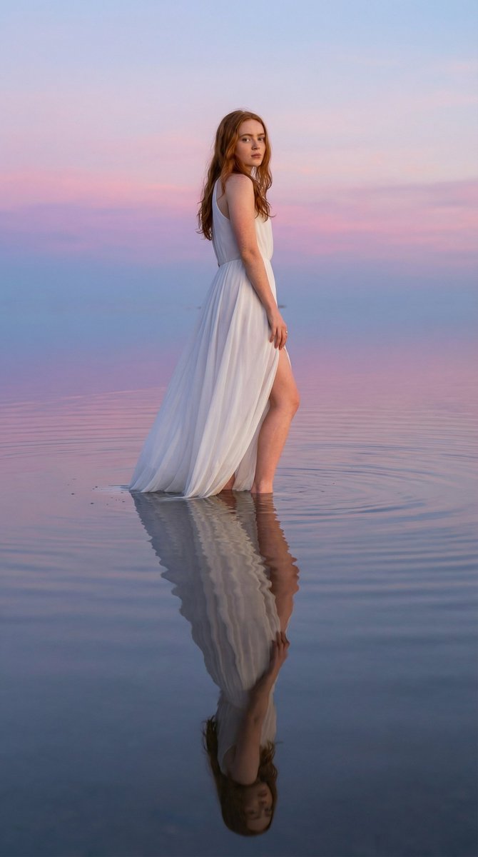 { "image_generation_prompt": { "subject": { "description": "Woman standing in shallow ref…