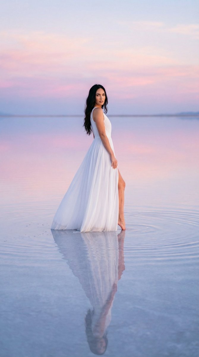 { "image_generation_prompt": { "subject": { "description": "Woman standing in shallow ref…
