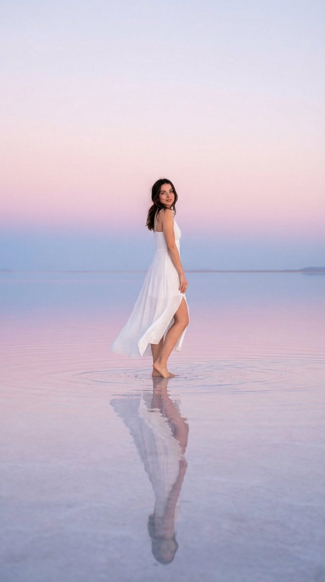 { "image_generation_prompt": { "subject": { "description": "Woman standing in shallow ref…