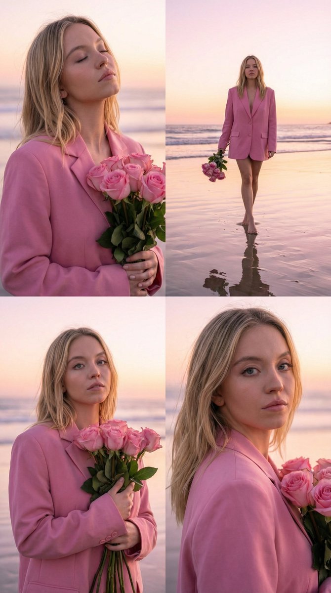 { "image_generation_prompt": { "subject": { "description": "四格拼贴画：一位女性身处梦幻日落海滩场景，手持粉色玫瑰，使…